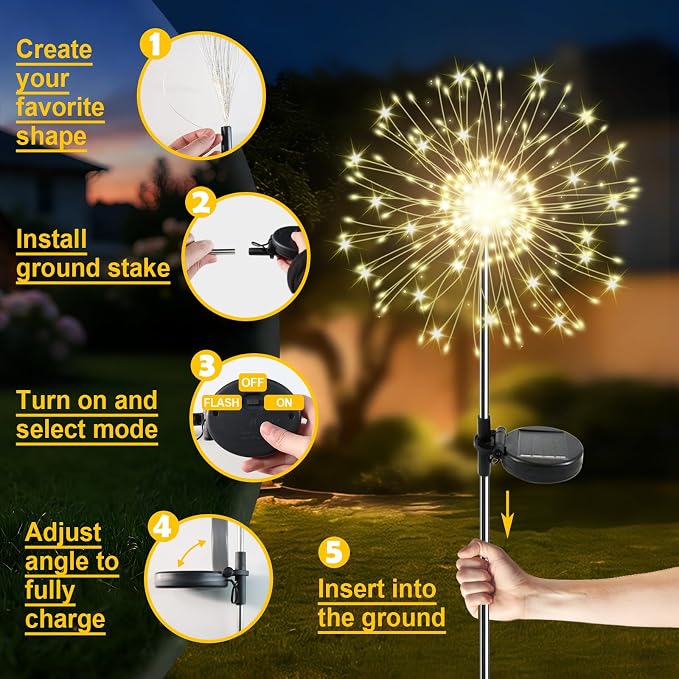 Solar Garden Lights Outdoor, 2 Pack 120 LED Twinkling Firework Lights Decorative - Image 6