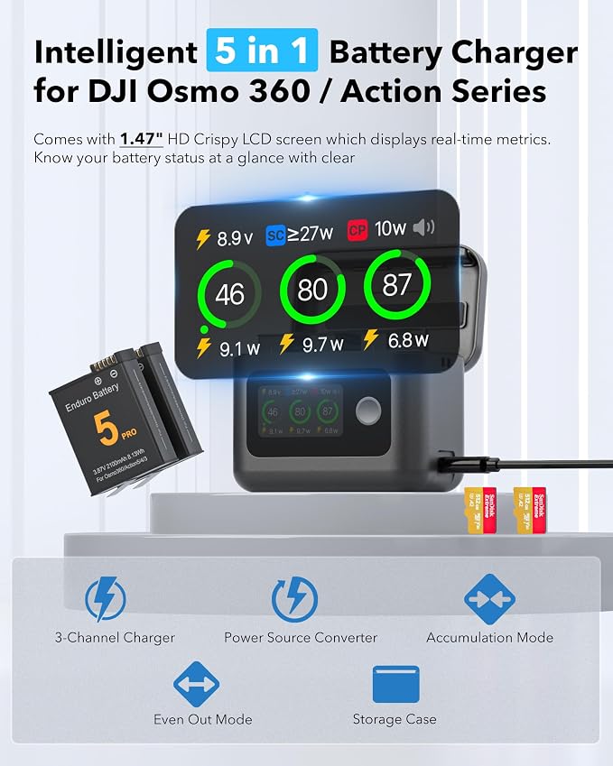 2100mAh Battery and Charger for DJI Osmo 360 / Action 5 Pro/Action 6, Color LCD - Image 2