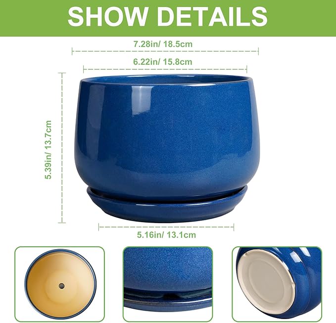 G EPGardening Round Ceramic Plant Pots - 7 Inch Modern Planter with Drainage and Plant Saucer for Indoor Outdoor Flower, Round Office Decor, New Gifts for Home, Blue