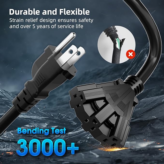 50 FT 3 Outlet Outdoor Extension Cord Waterproof, 16/3 SJTW Black Extension Cord - Image 2