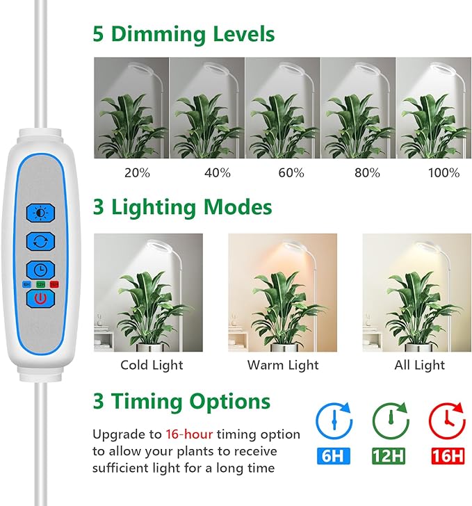 Floor Grow Lights for Indoor Plants, Full Spectrum Plant Light with 68" Stand for Growing Large Tall Plants, Halo Plant Grow Light with 6/12/16H Timer, 3 Light Modes Indoor Plant Light