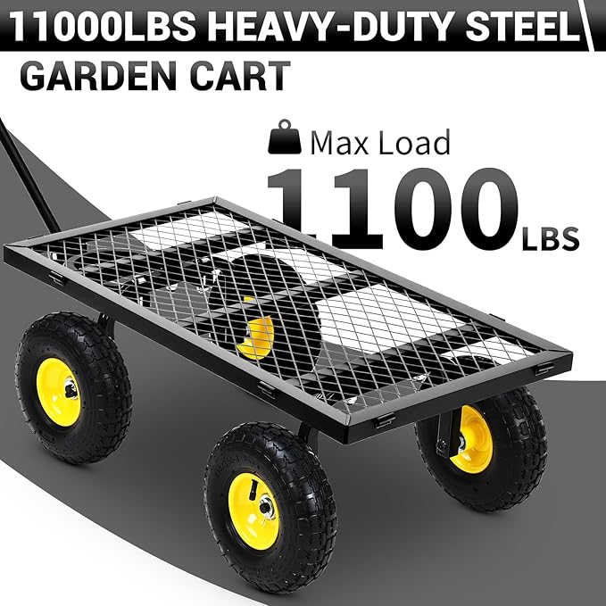Heavy Duty Steel Garden Cart, 1100LBS Pullable Metal Garden Wagon with 10" Wheels, 180° Rotating Handle and Removable Sides for Outdoor, Farm, Yard, Beach ﻿