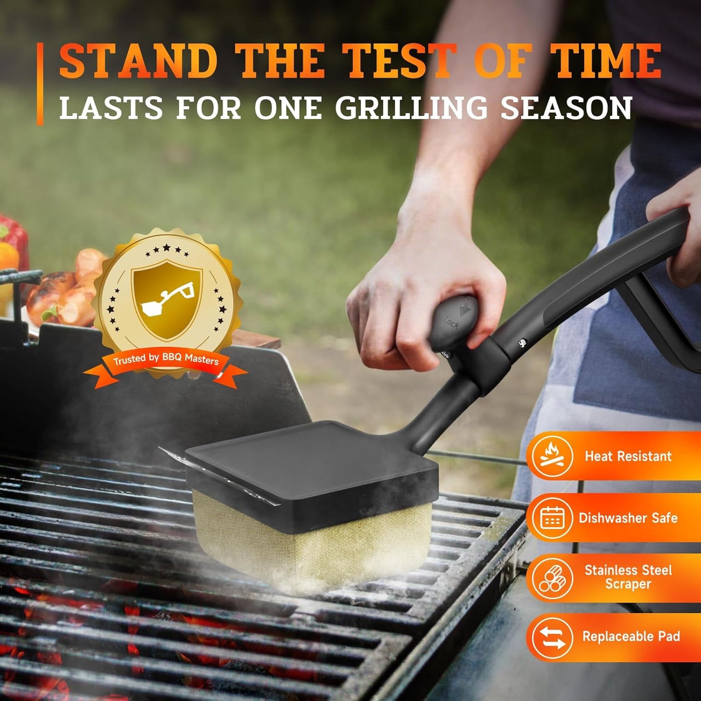 Bristle-Free Pro Grill Brush | Steam Clean Cast Iron & Stainless Grates in 180 Sec | Heavy-Duty Outdoor BBQ Tool for Men - Instant Clean, Black