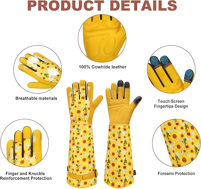 DLY Gardening Gloves for Women, Rose Gloves Gardening Thorn Proof, Long Garden Gloves for Women, Breathable Cowhide Leather Gauntlet (X-Large, Yellow