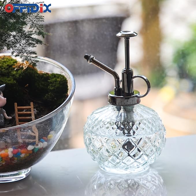 OFFIDIX Plant Mister, 300ML Vintage Glass Spray Bottle with Plastic Top Pump, Small Decorative Spritzer Watering Can for Indoor Outdoor House Plants (Transparent)