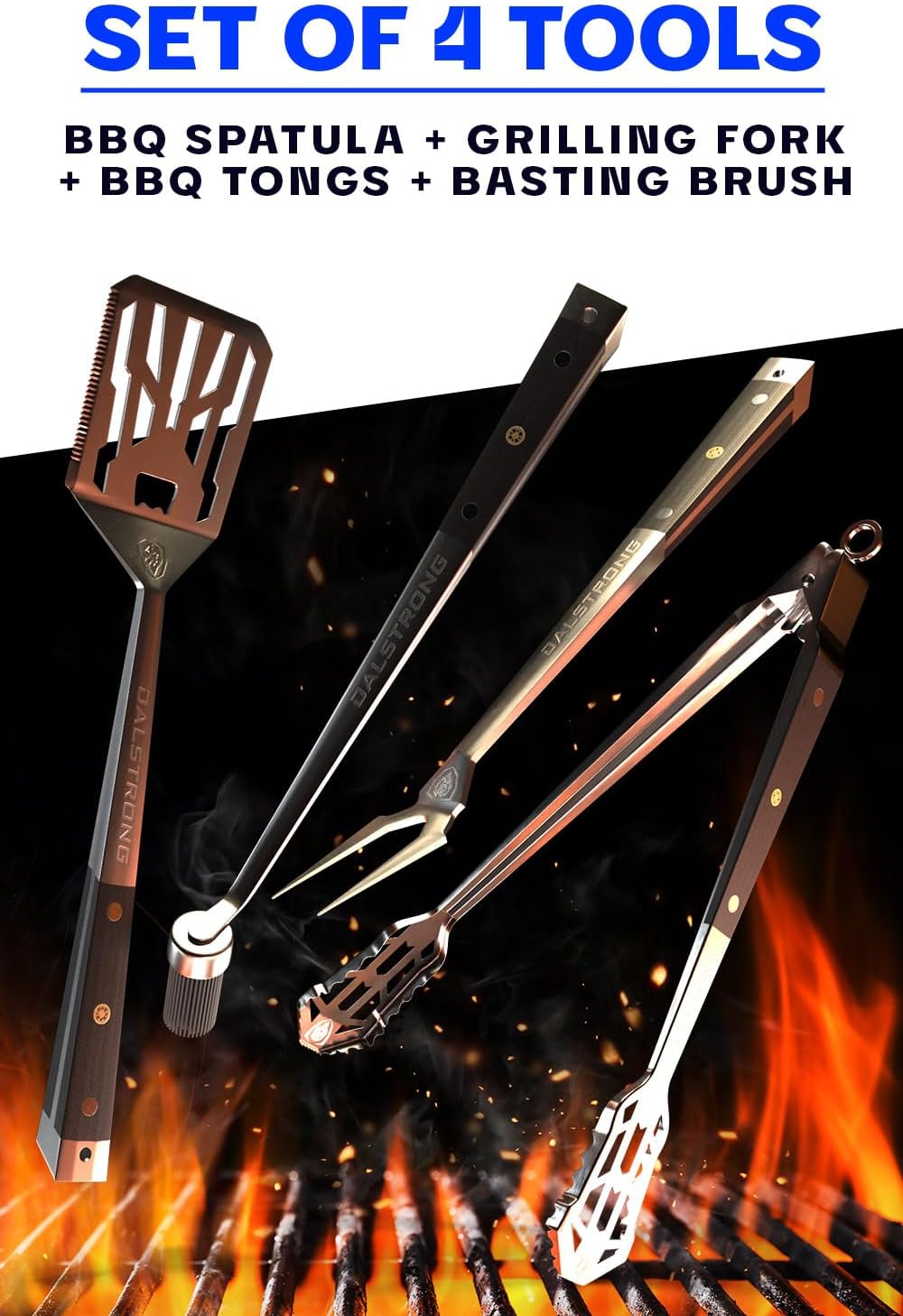 DALSTRONG 4-Piece Professional BBQ Pitmaster Grill Set - Premium High-Carbon Stainless Steel Grilling - 18 inch Length - Silicone Brush, Spatula, Tongs, Fork - G10 Handles