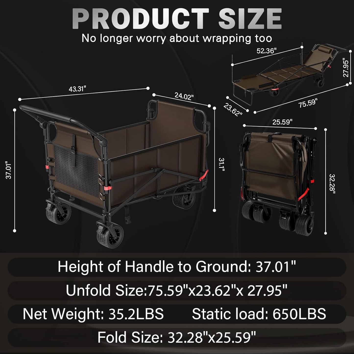 LEVELEVE Heavy Duty Folding Wagon - 2-in-1 Collapsible Cart, 650lb Capacity, All-Terrain Wheels w/Brakes & Side Pockets (Brown)