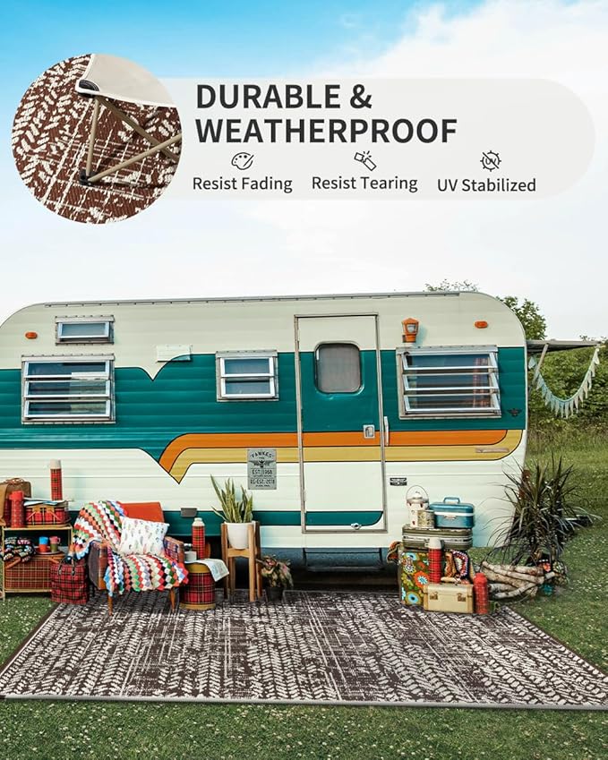 MontVoo Outdoor Rug Waterproof-Patio Rug Mat 5x8 Outdoor Carpet Reversible RV Camping Picnic Plastic Straw Rug Outside Outdoor Area Rug for Balcony Deck Backyard Patio Decor Boho Modern-Brown