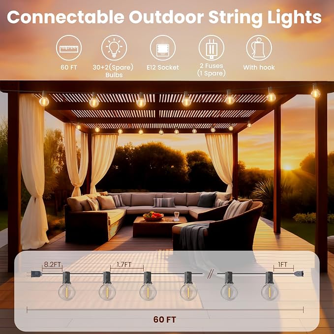 RTTY Outdoor String Lights 60 FT, Patio Lights - Image 2
