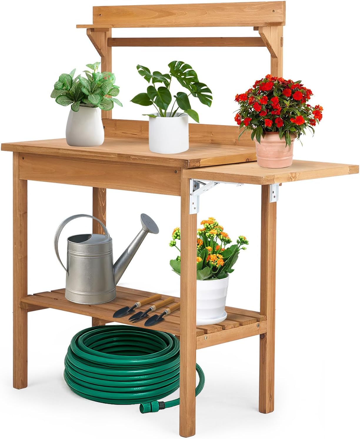 Outdoor Potting Bench Garden Work Station, Solid Wood Planting Table w/Sink Drawer Shelves,Metal Top, Folding Patio Furniture for Porch Balcony (45.3 x 17.9 x 51.2(Fir Wood Color))