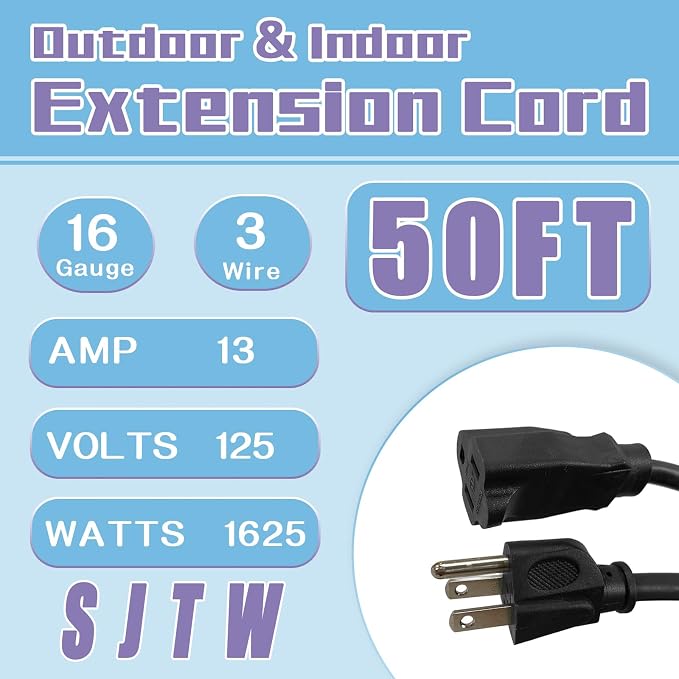 Indoor Outdoor Extension Cord 50 FT, 16/3 SJTW Weatherproof Black Electrical - Image 2