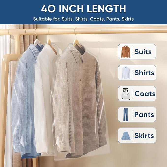 50 Pack 23.6"x40" Garment Bags for Hanging Clothes, Thick Clear Plastic Dry - Image 3