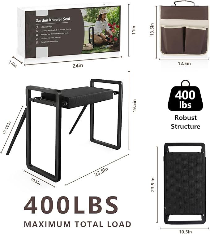 seasky Foldable Garden Kneeling and Seat, Anti-Tipping Garden Stool Widened Thick Soft Kneeling Pad，Heavy Duty Gardening Stool with Garden Tool Bag, Gardening Gift for Women(Without Gloves)