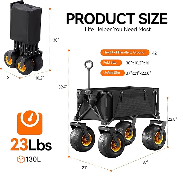 DXZ Beach Wagon Cart with Big Wheels for Sand – Folding Collapsible Wagon, Heavy Duty Wagons Carts Foldable for Beach, Camping, Outdoor Gear, Easy Setup Black Yellow