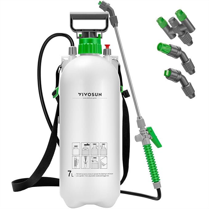 VIVOSUN Pump Sprayer 1.8 Gallon, Portable Water Spray Bottle in Lawn and Garden Yard, Weed Sprayer for Plants with 3 Nozzles, Adjustable Shoulder Strap, Pressure Relief Valve