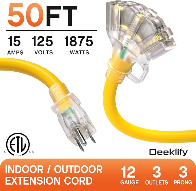 50 ft 12 Gauge Heavy Duty 3 Outlet Extension Cord Splitter - Image 2