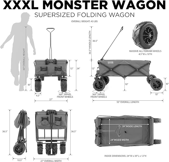 Creative Outdoor Wagon for Kids Push Pull Collapsible Stroller Giant All-Terrain Folding Cart | XXXL Monster Series Wagons | Beach Park Garden & Tailgate | Multiple Color Options (Black)