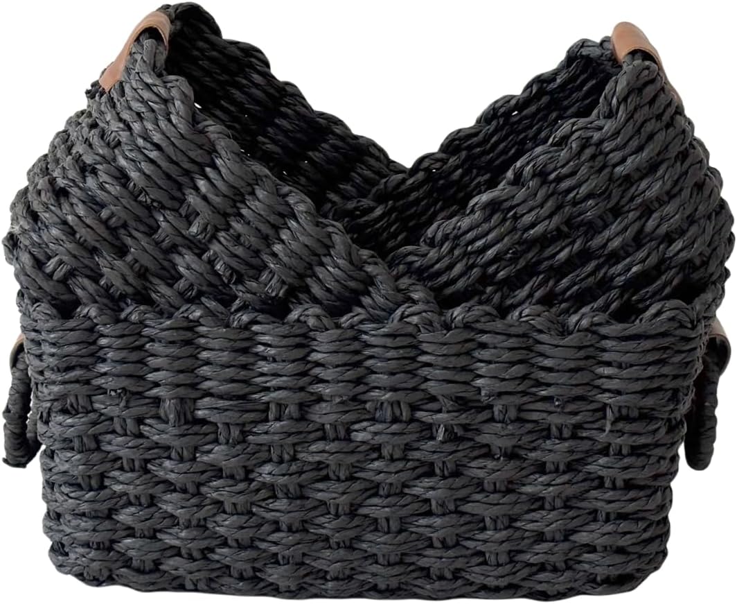 Paper rope Small Storage baskets for Organizing,Cute woven Little basket for Home，Shelves, Bathroom,Decorative basket,Set of 3 (Black)
