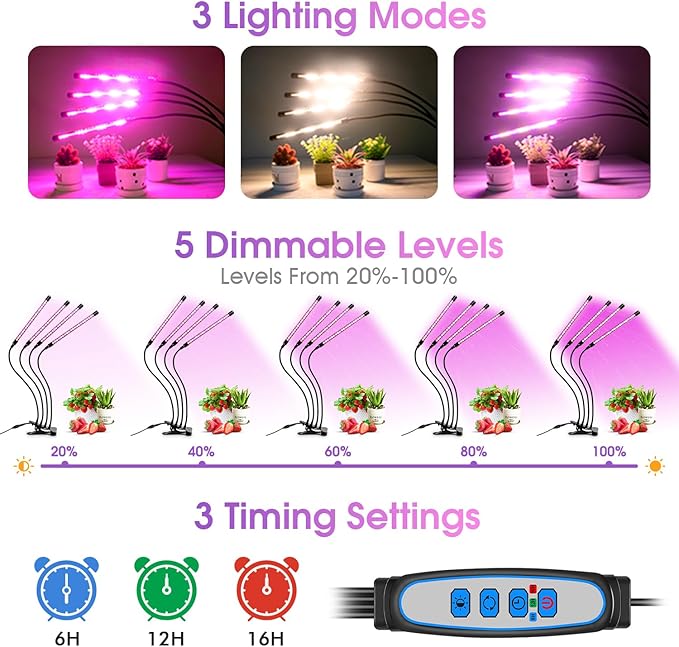 Wolezek Grow Lights for Indoor Plants, 80 LEDs 4 Heads Full Spectrum Red & Blue Plant Light with Clip, Grow Lamp with 6/12/16H Auto Timer, 3 Switch Modes for Seedlings and Succulents