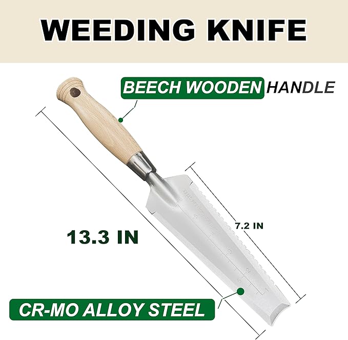 SUMIO 13.3" Alloy Steel Weeding Transplanter, Hori Hori Knife, Digging Trowel with Serrated Edge, Garden Root Cutter, and Dandelion Trowel for Propagation and Transplanting