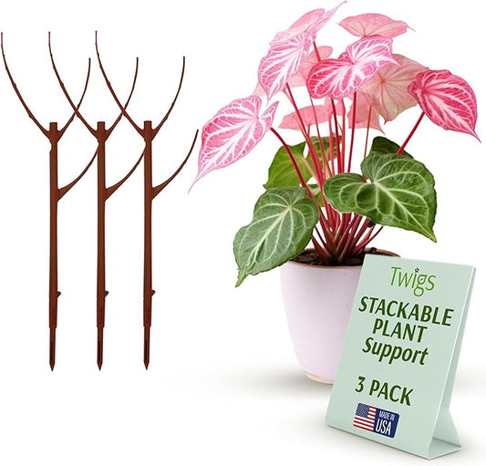 Stackable Plant Support Stakes, Stem Holder Structures for Indoor & Outdoor Use, Garden Accessories for Climbing & Potted Plants, Trellis Alternative - Begonia Red, 3 Pack, 17" L