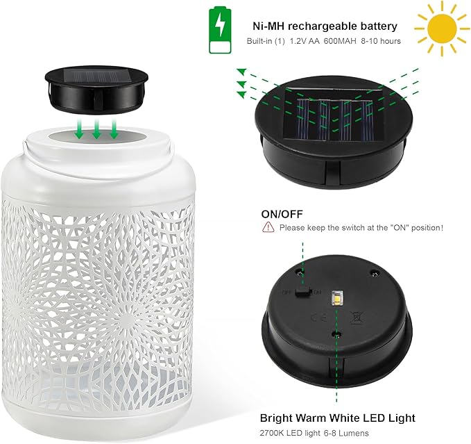 Glitzhome Solar Lantern White Metal Cutout Scrollwork Outdoor Hanging Solar Light with Handle for Garden Patio Yard Outdoor Decor