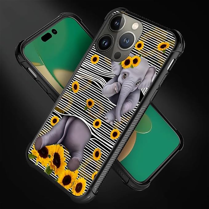 for iPhone 11 Pro Case, Cute Little Elephant Sunflower White Line Art Pattern - Image 2