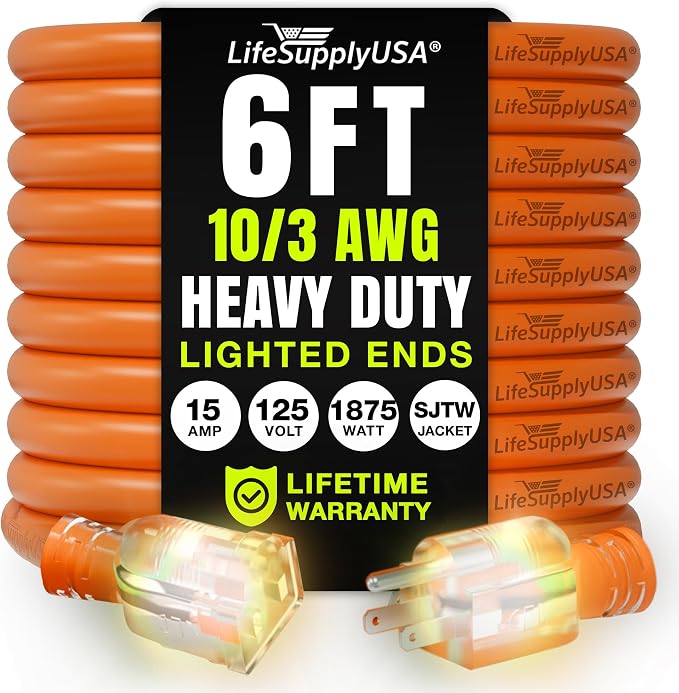 6ft Outdoor/Indoor Extension Cord 10/3 Gauge Ultra Heavy Duty 3 Prong SJTW by LifeSupplyUSA