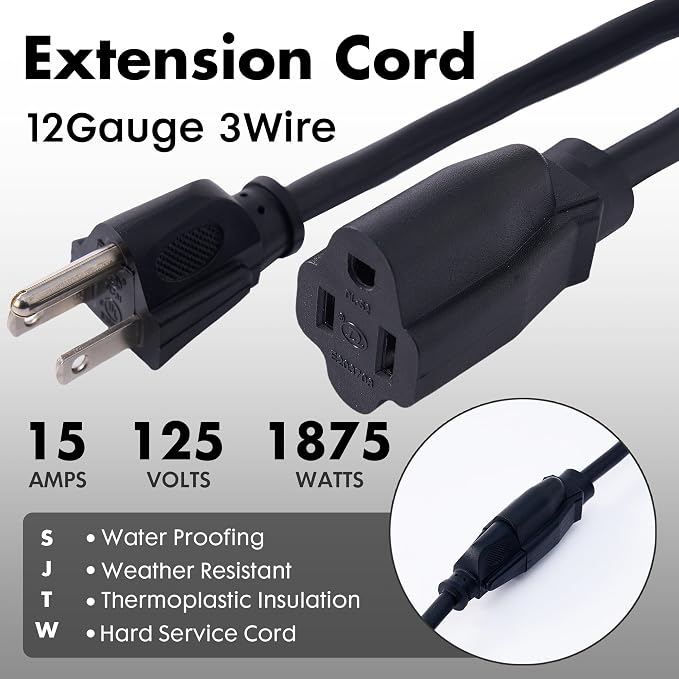 3ft Black Extension Cord Waterproof, UL Listed, 12/3 SJTW Heavy Duty 3 Prong - Image 2