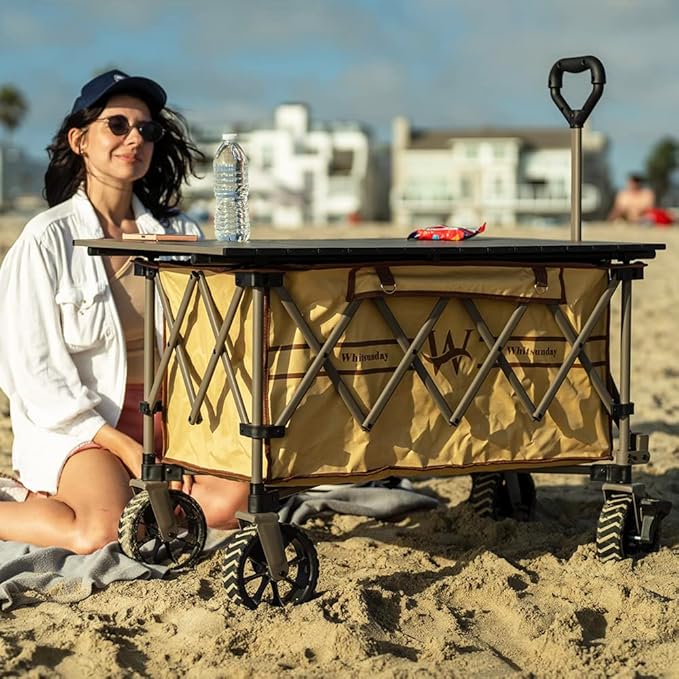 Whitsunday Folding Collapsible Wagon Cart, Beach Heavy Duty Wagon with Table,Utility Grocery Cart for Camping Sports Outdoor Shopping Park Khaki