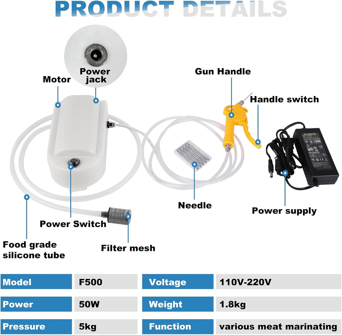 Electric Meat Injector Gun Pump with Hose, 50W Automatic Marinade Injector Syringe Kit for BBQ, Turkey Pork Beef, 10 Stainless Steel Needles for Home Kitchen & Outdoor Grilling