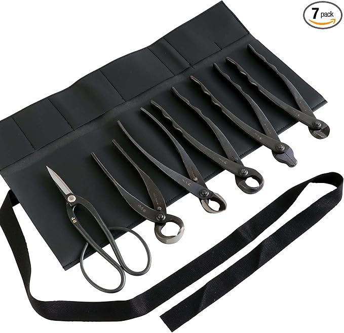 Wazakura Made in Japan 6PCS Bonsai Professional Tool Kit with Roll Bag: Yasugi Steel Ashinaga Scissor, Concave Branch Cutter, Knob Cutter, Jin Plier, Wire Cutter, Root Cutter. Bonsai Tool Set & Case