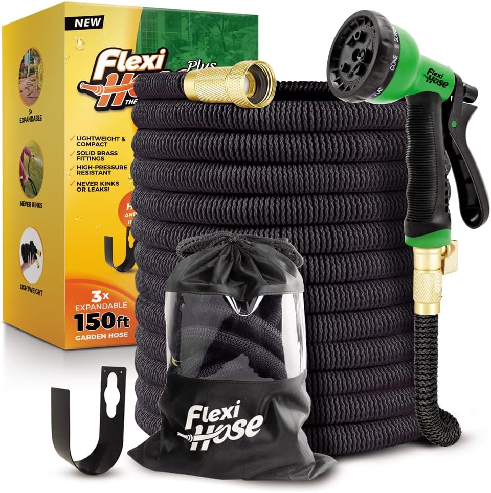 Flexi Hose PLUS with 8 Function Nozzle Expandable Garden Hose, Lightweight & No-Kink Flexible Garden Hose, 3/4 inch Solid Brass Fittings and Double Latex Core, 150 ft Black