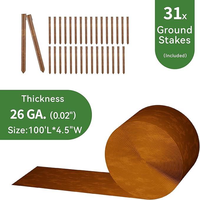 Worth Galvanized Steel Landscape Edging 4.5" x100' Metal Garden Edging Roll Flexible Bender Border with 31Pcs Stakes for Lawn, Flower Bed Edges, Rust-Like Color