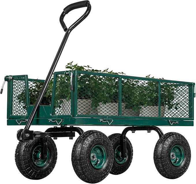 TAIFA Heavy Duty Steel Garden Cart 880 Lbs Capacity with Removable Sides for Yard Lawn and Farm, Metal Utility Wagon with 180° Rotating Handle, Green