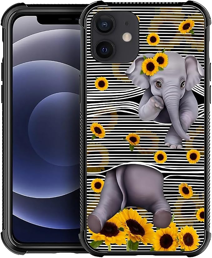 for iPhone 11 Case, Cute Little Elephant Sunflower White Line Art Pattern by FKBRCL4U