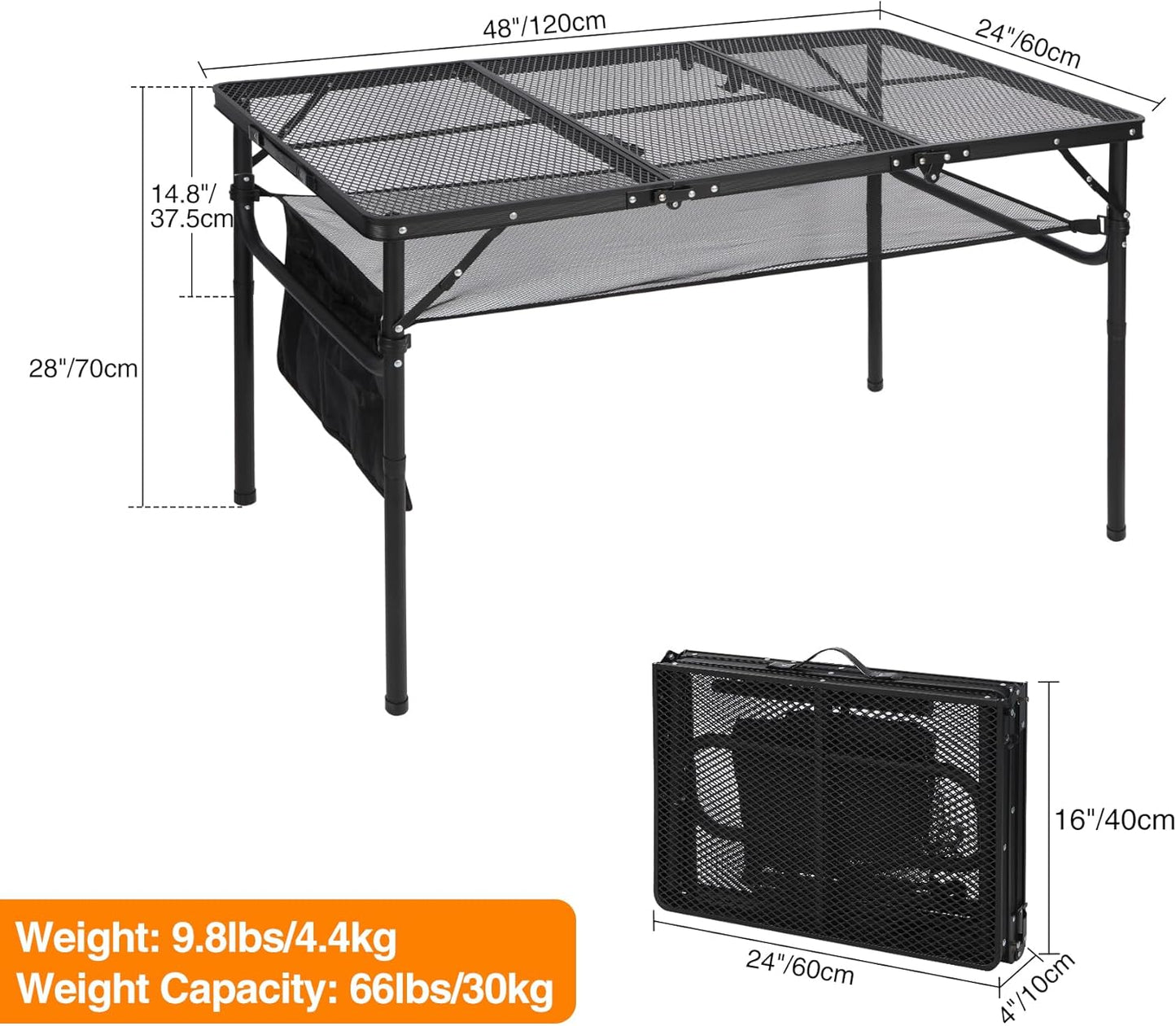 RedSwing Folding Grill Table, Lightweight Portable Grill Stand Table for Outdoor Camping Picnic BBQ, Adjustable Height, 48''x24''x16/28'', Black