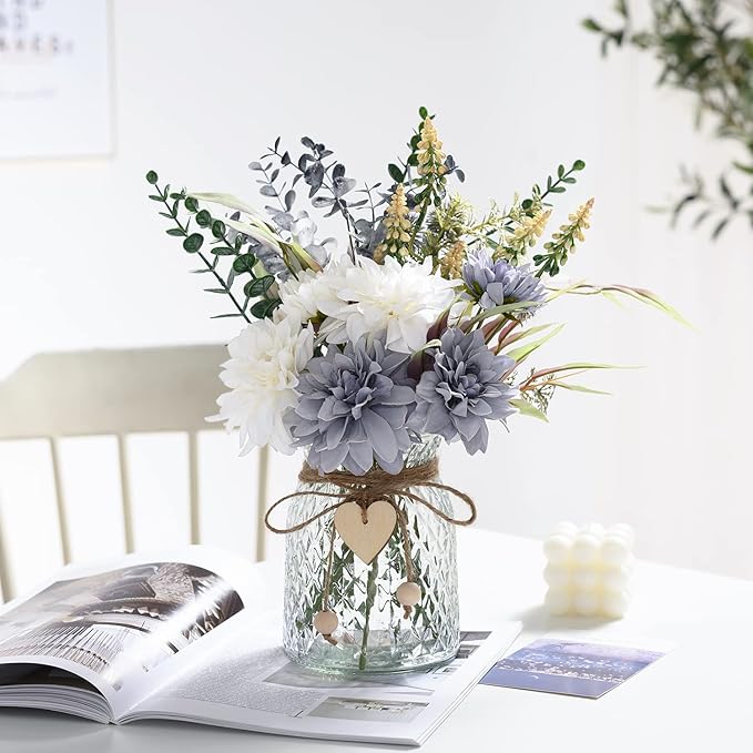Fake Flowers Artificial Blue Flowers with Vase, Table Centerpieces for Dining Room, Silk Flower Arrangements for Home, Living Room Bathroom Plant Decor, Centerpiece Table Decorations