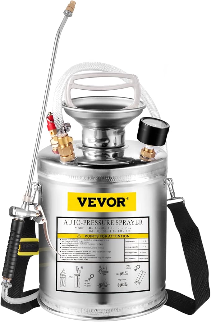 Happybuy 1 Gallon Stainless Steel Pump Sprayer, 12" Wand & 3FT Reinforced Hose, Pressure Gauge, Safety Valve & Adjustable Nozzle, Garden Weed Sprayer for Lawn, Gardening, Sanitizing