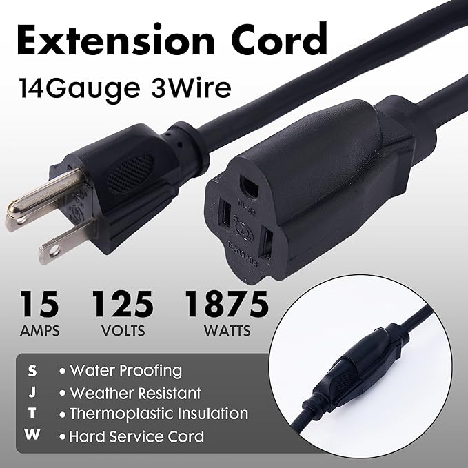 3ft Black Extension Cord Waterproof, UL Listed, 14/3 SJTW Heavy Duty 3 Prong - Image 2