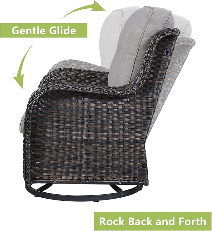 Outdoor Wicker Patio Furniture Set - 6 Piece Rattan Patio Conversation Set with 2 Rocking Swivel Chairs,2 Ottomans,1 Sofa and 1 Coffee Table for Porch Deck Backyard Garden(Brown/Grey)