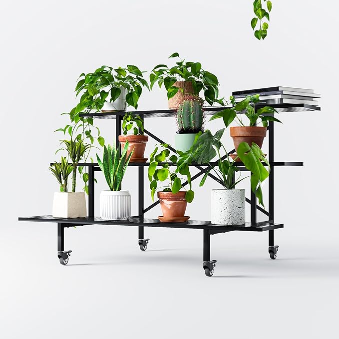 Zhongma 3 Tier Sturdy Metal Plant Stand with Wheels, L45.67 x W26 x H26 inch, Heavy Duty Plant Holder for Home Indoor and Outdoor, 660 LBS Capacity & Heavy Duty Construction