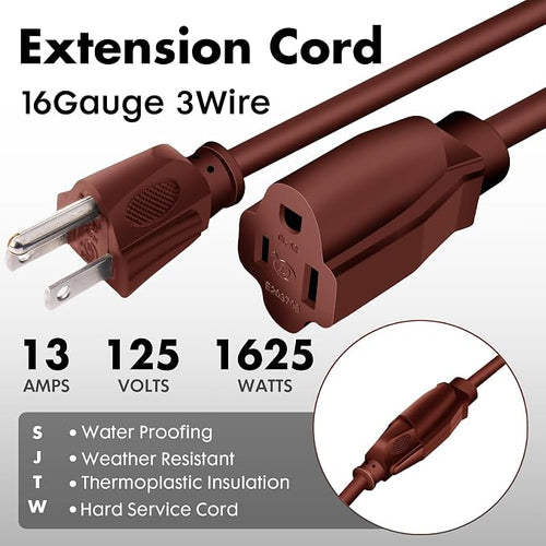 10ft Brown Outdoor Extension Cord Waterproof, UL Listed, 16/3 SJTW Heavy Duty 3 - Image 2