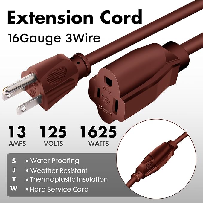 12ft Brown Outdoor Extension Cord Waterproof, UL Listed, 16/3 SJTW Heavy Duty 3 - Image 2