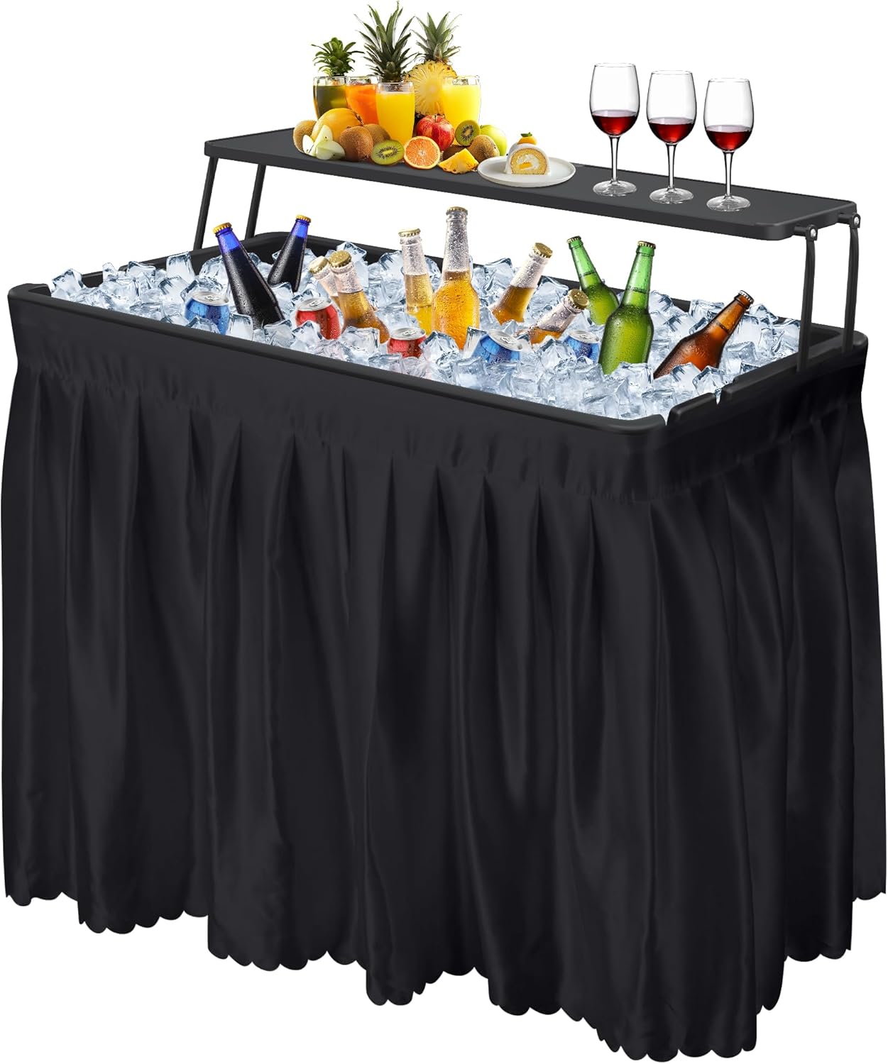 Portable Folding Ice Cooler Table - Two-Tier Outdoor Cooler Table with Removable Matching Skirt and Shelf, Ice Tables for Party, Camping, Picnic, Foldable Self-Serving Beverage Cooling Bar(Black)