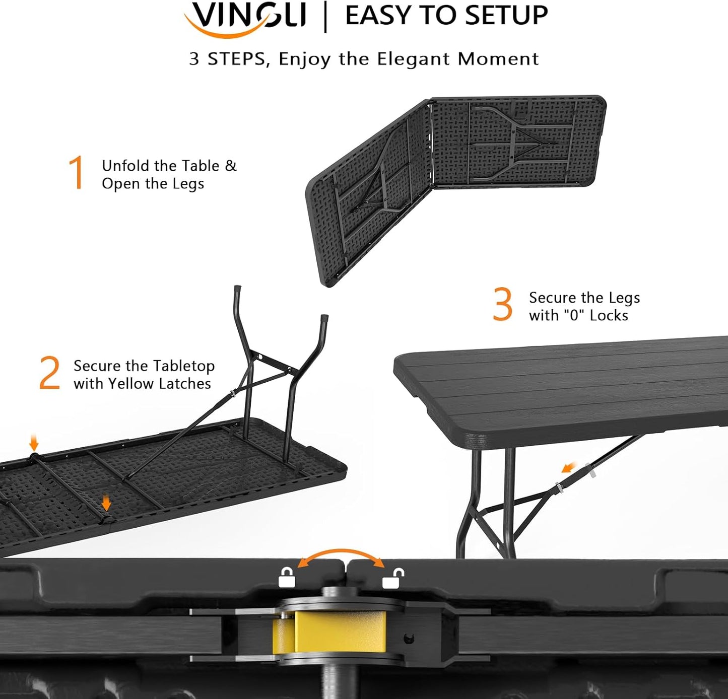 VINGLI 8 Foot Plastic Folding Table Portable Long Table for Indoor Outdoor Use Rectangular with Carrying Handle, Black