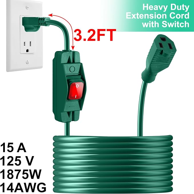 Outdoor Waterproof On/Off Switch Extension Cord, Heavy Duty 125v/250v Black - Image 4