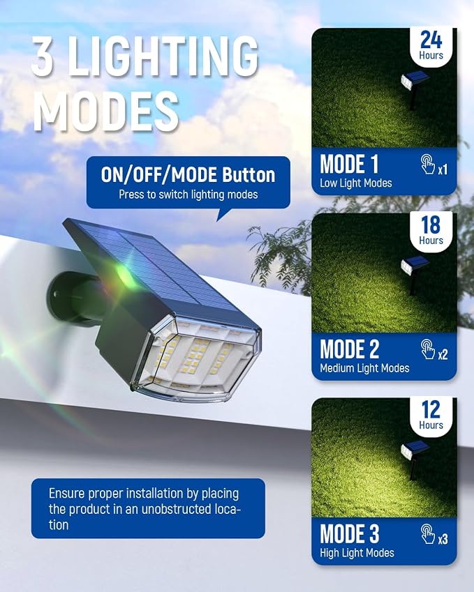 AUDERWIN Solar spotlights Outdoor 63 LED 3 Lighting Modes, IP65 Waterproof - Image 3