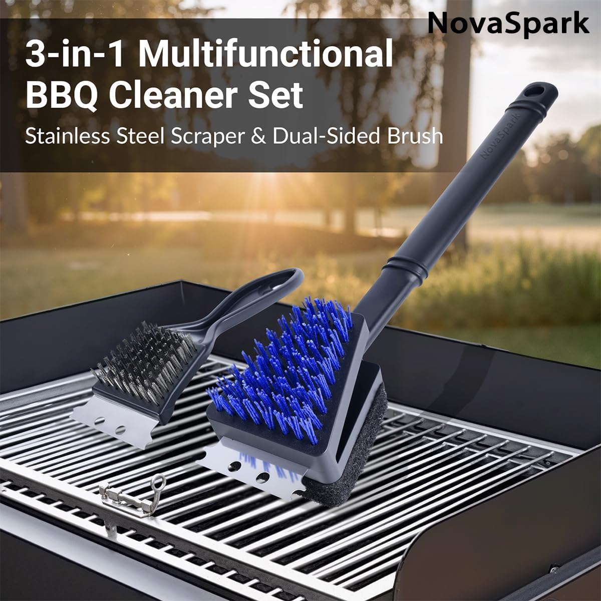 Nylon Bristle Grill Brush for BBQ - Heavy Duty Grill Cleaning Kit with Scraper, Safe for All Grill Types - Non-Scratch Bristles & Long Plastic Handle - Outdoor Barbecue Brush and Accessories