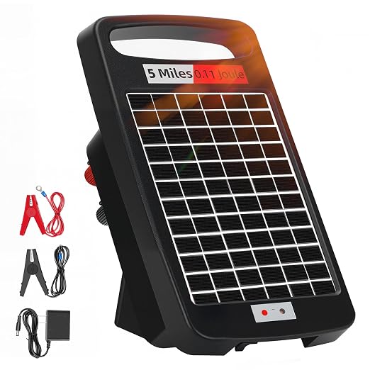 5 Miles Solar Powered Electric Fence Charger – 0.11J Output, 24/7 Day/Night by Unknown
